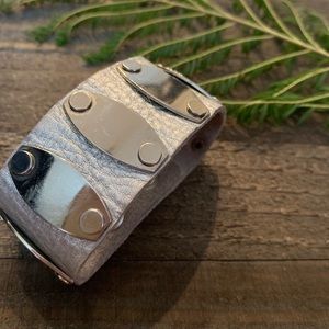 Silver Mirrored Metal and Faux Leather Cuff